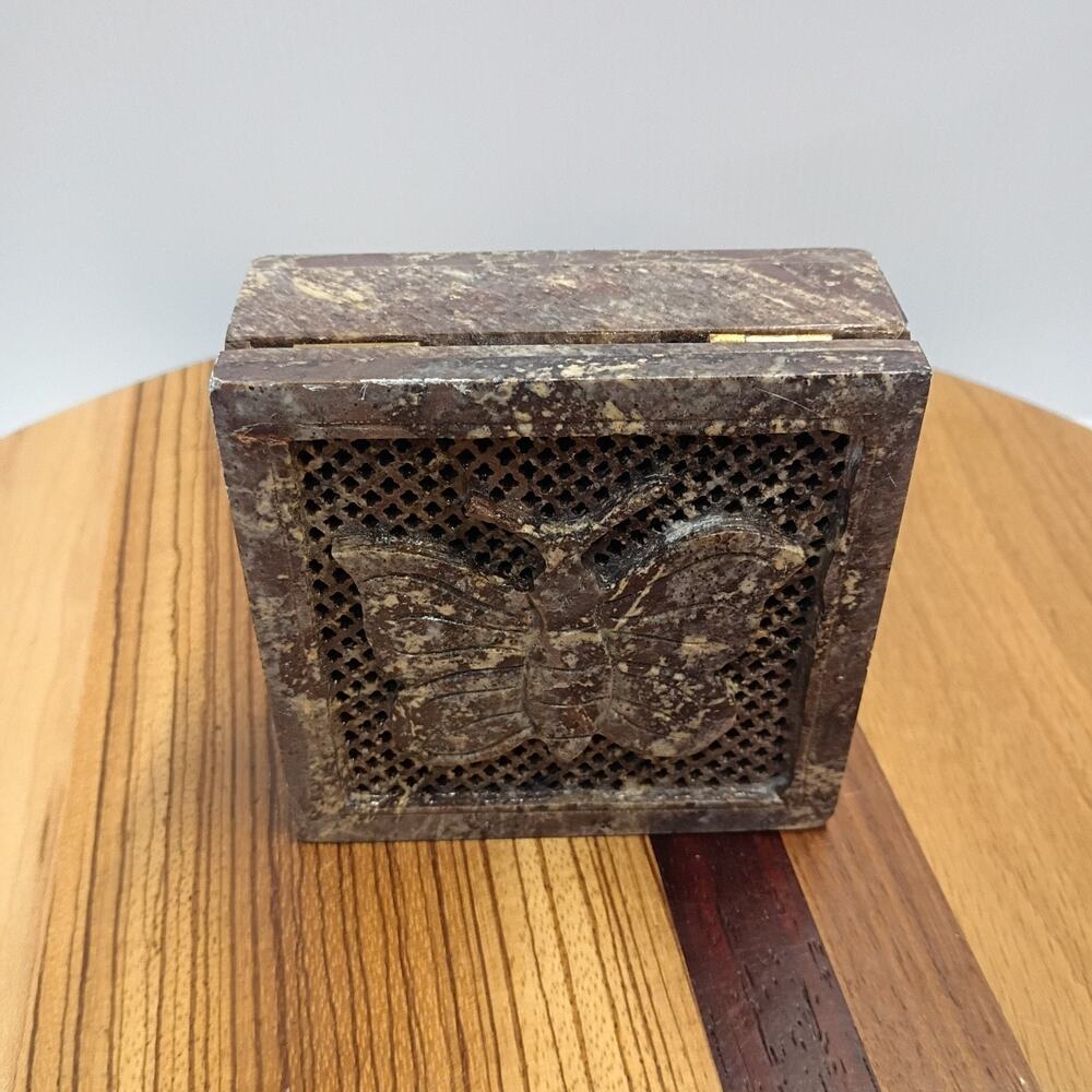 VTG Butterfly Carved Soapstone Trinket Jewelry Box India Hinged MCM 4" Square